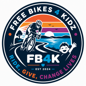 Round Free Bikes 4 Kidz Gran Fondo logo featuring a cyclist riding along a lakeside road at sunset, a smiling child, and the text "Ride, Give, Change Lives" with FB4K branding.
